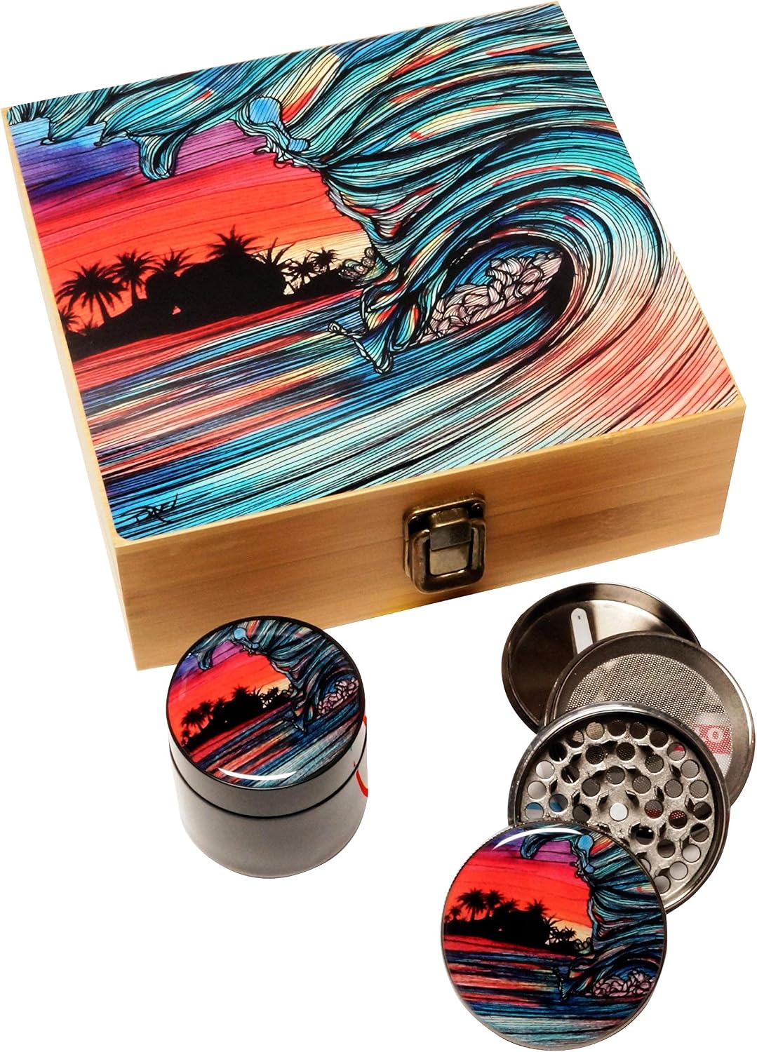 Zip Grinders - Throwing Wave - Stash Box Combo - Small 4 Part Grinder and stash jar - 1.5" wGlass jar with labels Wood Stash Boxes
