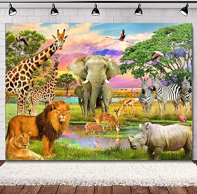 SVBright Jungle Backdrop 7Wx5H Safari Zoo Background Wildlife Summer Tropical Animal Desert African for Boy Birthday Party Baby Shower Decorations Photography Background Banner Photo Booth Studio