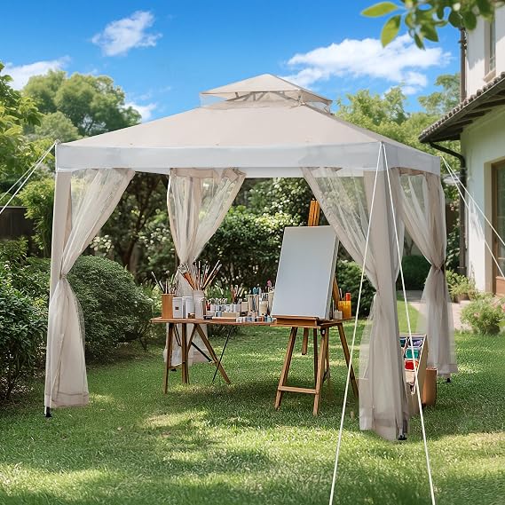 Sunjoy 8 x 8 ft. Soft Top Gazebo, Outdoor Patio Backyard Modern 2-Tier Steel Frame Gazebo with Mesh Netting - Beige & White