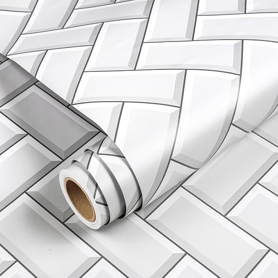 Yenhome 17.5"X23ft Subway Tile Wallpaper Peel and Stick Neutral Grey Herringbone 3D Embossed Geometric Wallpaper Contact Paper Self Adhesive Removable Waterproof Wall Covering for Bathroom Backsplash