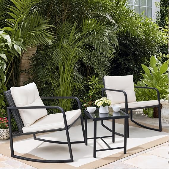 Greesum 3 Pieces Rocking Wicker Bistro Set,Patio Conversation Sets,Beige | Outdoor Furniture Sets with Porch Chairs and Glass Coffee Table