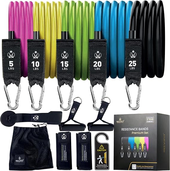 INEVIFIT Resistance Band Set, 150 LBS Stackable Workout Bands for Strength Training, Yoga, Pilates,  Body Workout, Includes Door Anchor, Handles, Ankle Straps, Carrying Bag, and Exercise Guide
