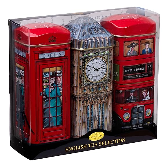 New English Teas London British Tea Tin Set with 42 Black Tea Bags | London Souvenir Gift, Big Ben, Red Bus, Telephone Box English Breakfast Tea