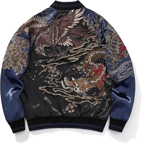 Dragon Phoenix Embroidered Satin Bomber Jacket Japanese Style