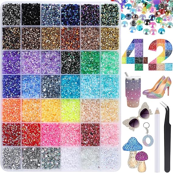 33000pcs Bedazzling Kit with 42 Colors 3mm Flat Nail Art Rhinestones | Bedazzling Crystal with Pick Up Tweezers and Pen for DIY Nail Art, Crafts, Clothes and Shoes Decoration