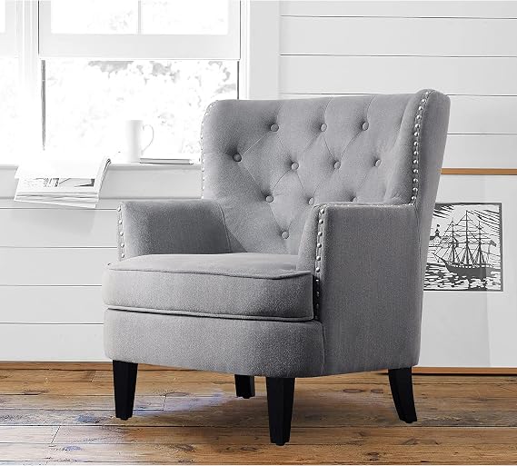 Rosevera Accent Chair with Ottoman Set - Mid-Century Modern Upholstered Armchair for Living Room or Bedroom - Comfy Reading Chair with Footrest, Small Accent Chair - Grey