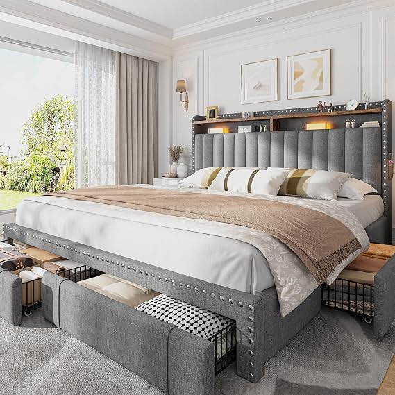 EnHomee Upholstered King Size Bed Frame with 4 Drawers & Headboard,Grey | 2 side pockets, Under-Bed space, Fabric upholstered, 1000lbs for bedroom apartment, Noise-Free, Easy Assembly
