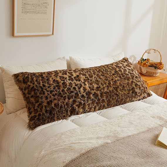 XeGe Fluffy Faux Fur Cheetah Print Bolster Pillowcase, 4.6ft, Brown
