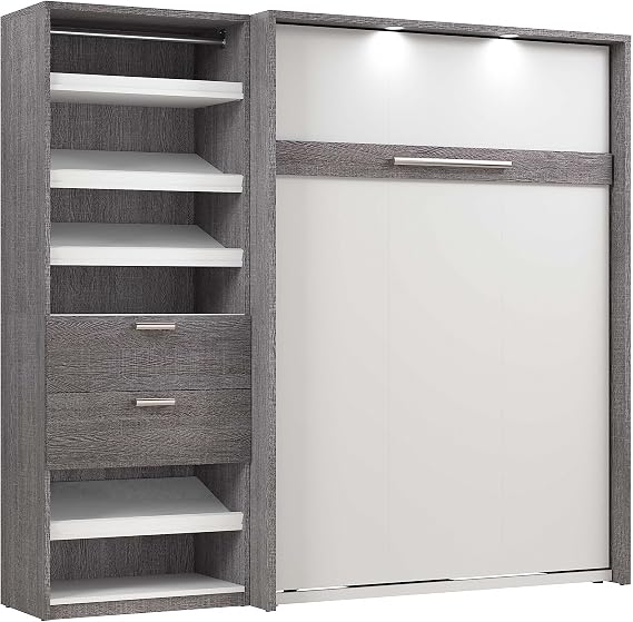 Bestar Full Murphy Bed with Closet Organizer, Bark Grey & White, Cielo, 89W