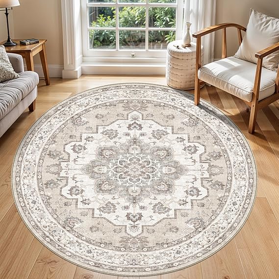 6FT Washable Kitchen Round Rugs: Non-Slip Circle Area Rug for Living Room Dining Room Under Table Low Pile Soft Round Carpet Waterproof Durable Mat for Newlyweds and Couples Cozy Home Decoration 6FT