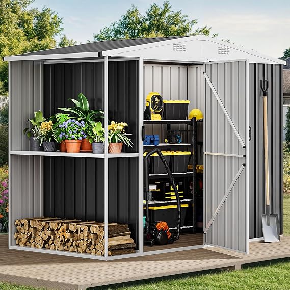 DWVO 8 x 4 ft Outdoor Storage Shed with 2-Tier Shelf, Metal Tool Shed & Garden Storage Cabinet for Backyard, Patio, Equipment & Bike, Black