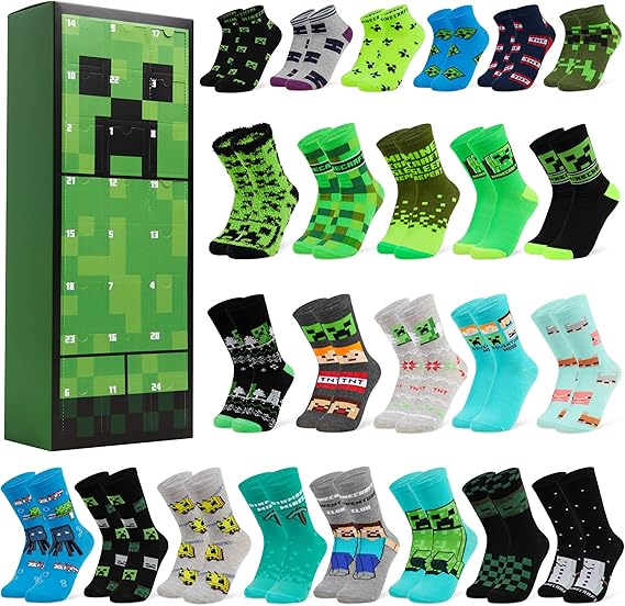 Minecraft 24 Pcs Socks Advent Calendar 2025 for Kids Teens Calf Boys Socks Christmas Countdown Calendar Creeper TNT Xmas Surprise Gifts for Gamers