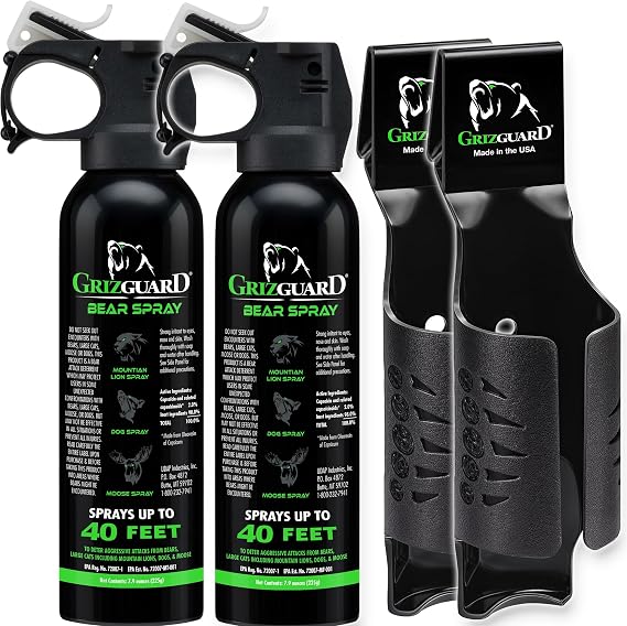 Griz Guard Bear Spray with Holster 2 Pack Max Strength 7.9 oz, 40-Foot Range, EPA-Registered Deterrent for Bears, Mountain Lions, Coyotes, Dogs & Moose, Glow Safety Clip, Hiking & Camping Protection