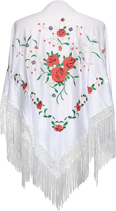 La Senorita Spanish Flamenco Dance Shawl white with red roses