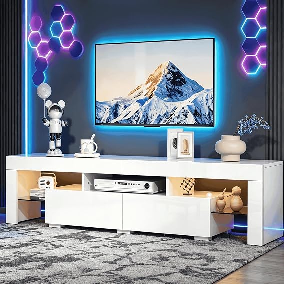 VINGLI LED TV Stand, 67'' Modern Entertainment Center with LED Lights and Storage for 65/70/75/85 Inch TV (White, 67'' x 14'' x 16'')