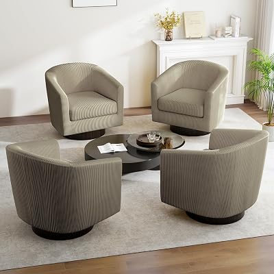 Swivel Barrel Accent Chair, Modern Round Corduroy Fabric Arm Chair for Living Room, Bedroom, Comfy Club Reading Chairs for Adults Corduroy Camel, Set of 4