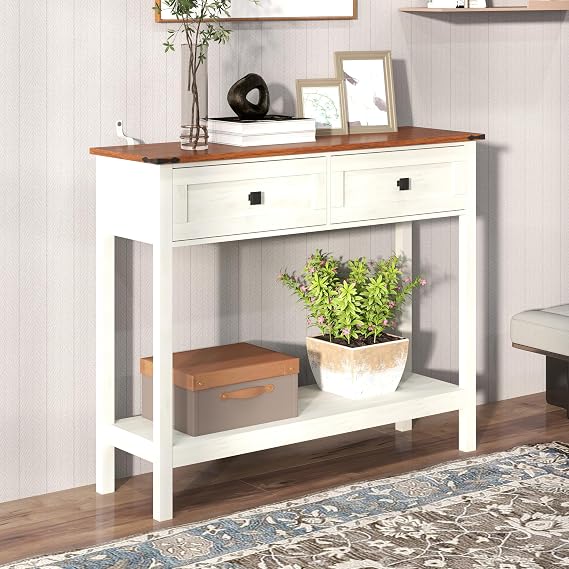 Farmhouse Console Table for Entryway 2-Drawer Storage Entry Table with Shelf | Multi-Purpose Sofa Table/Hallway Table/Entrance Table | Tool-Free Assembly in 30 Mins (Antique White)