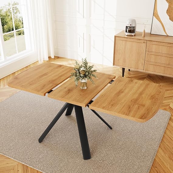 JIEXI Extendable Dining Table 4-6 Seater Kitchen Dinner Table 120-160cm Expandable Wood Effect Top, Black Metal Frame for Home Living Room Restaurant