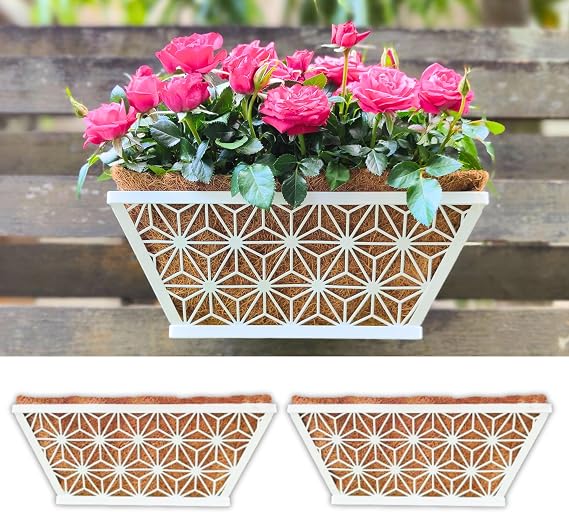 LaLaGreen Window Boxes Planter (2 Pack, 12 Inch) White Metal Rectangular Wall Planters with Coco Liner, Horse Trough Deck Railing for Outdoor Plants Holder, Modern Rail, Balcony, Fence, Porch Patio