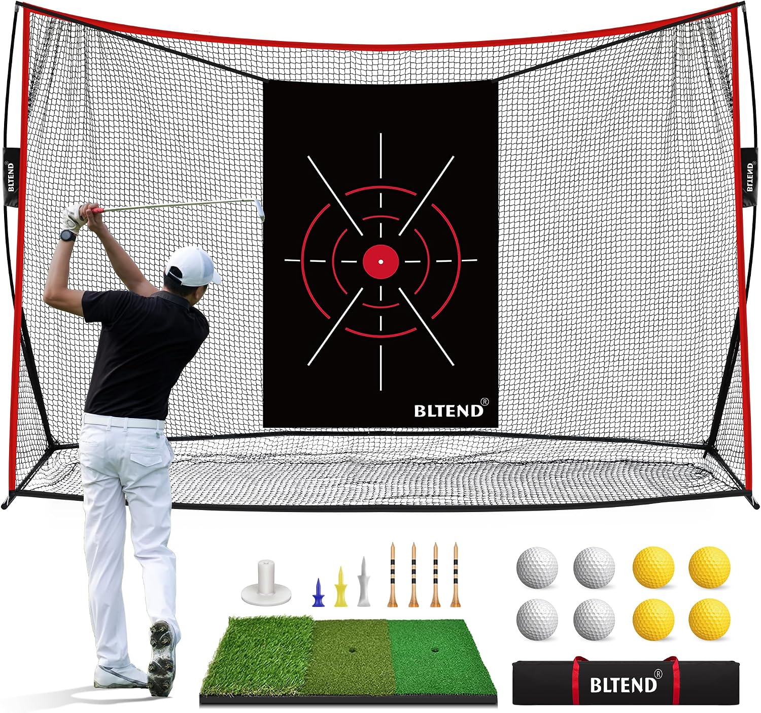 Bltend Golf Net - 10x7ft Heavy Duty Golf Practice Nets for Backyard Driving with Golf Mat, 7 Golf Tees, 8 Golf Balls, Golf Hitting Driving Net for Indoor Outdoor Use - Perfect Golf Training Equipment