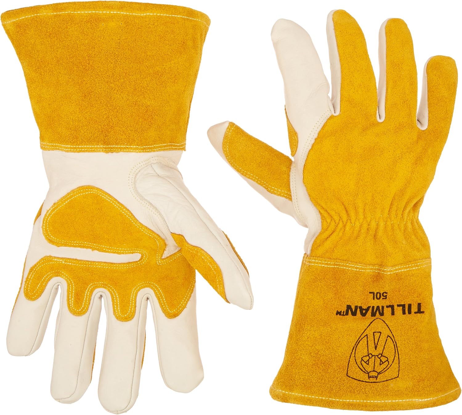 John Tillman Medium 14"" Gold and Pearl Top Grain Split Back Cowhide Fleece Lined MIG Welders Gloves with 4"" Cuff and Kevlar Thread Locking Stitch (Carded)" (50 M)