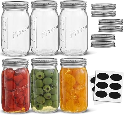 16 Oz Mason Jars With Lids, Labels and Measures! 6-Pack Regular Mouth Mason Jars, Glass Jar with Lid and Band. Airtight Canning Jars, Overnight Oats Jars, Salad Jars, Sourdough Starter Jar