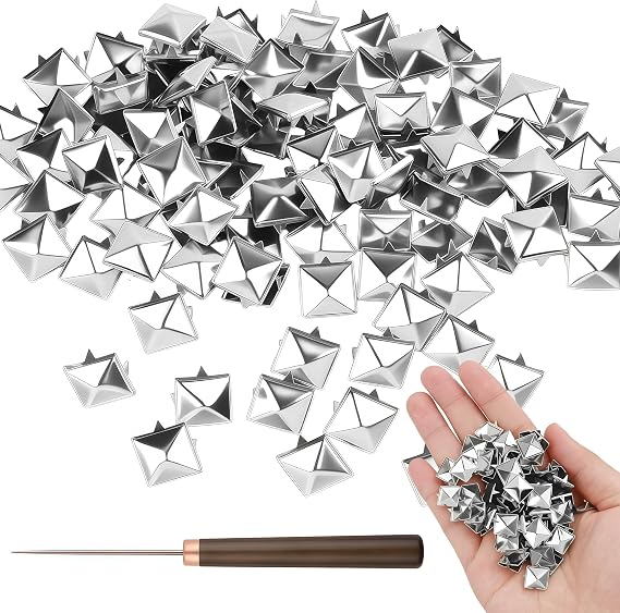 100PCS 10mm Square Pyramid Studs for Clothing, Silver Metal 4-Prong Punk Rivets with Awl Tool, Nailhead Spikes for Leather Jacket, Bag, Shoes, Belt, Dog Collar DIY Crafts