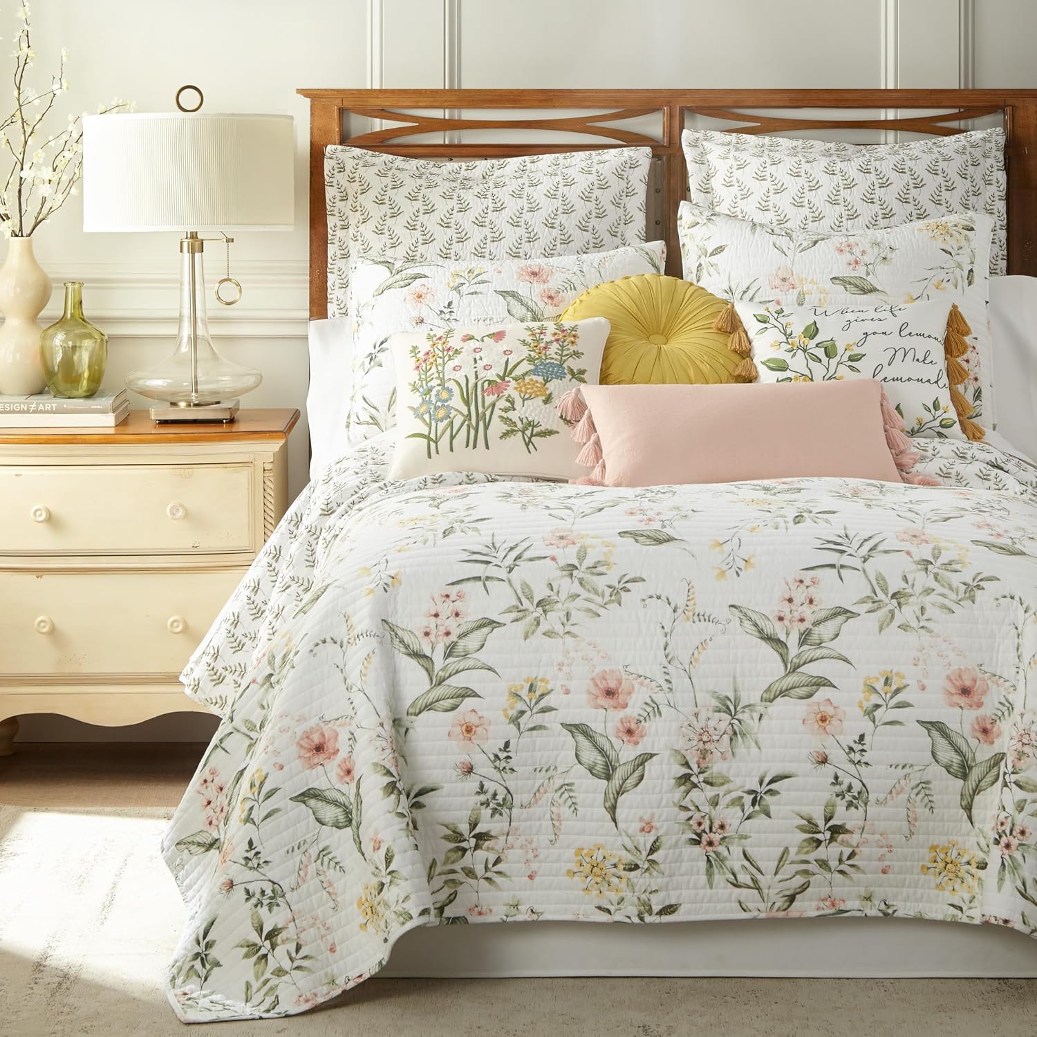 Levtex Home Viviana Reversible KingCal King Quilt Set 106x92in with 2 Pillow Shams 36x20in - Floral - Blush, Green, White - Cotton King Size Quilt Bedding Set - Lightweight, Soft, Pre-Washed