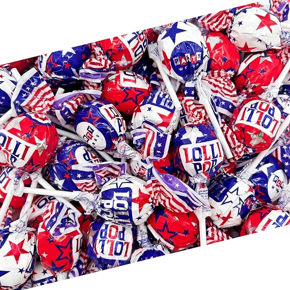 Patriotic Lollipops Candy Bulk, Individually Wrapped Suckers, 35 Cnt | Blue Raspberry, Cherry, Vanilla Flavors, Gum Filled Lollipops