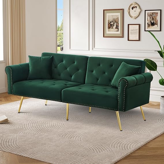2 Seater Sofa Bed Backrest with 3-Level Adjustment & Gold Plated Metal Feet Stylish Sofa with Sleep Function - Space Saving Heavy Duty Ideal for Small Spaces (Green)