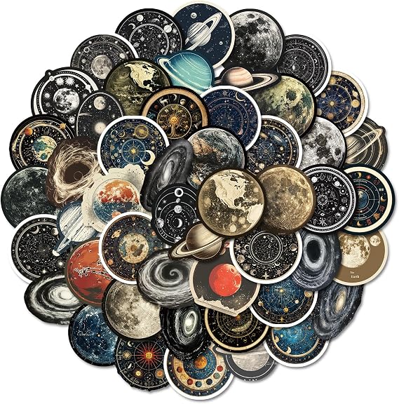 50Pcs Celestial Stickers Pack, Planet Moon Space Astronomy Sticker for Scrapbook Junk Journal Supplies Planner Laptop Luggage Home Decor, Waterproof Cosmic Galaxy Stickers for Adults