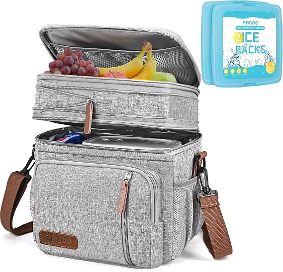 MIYCOO Lunch Bag Lunch Box for Women Men Double Deck Insulated Cooler Bag & 2PC Ice Packs for Lunch Boxes