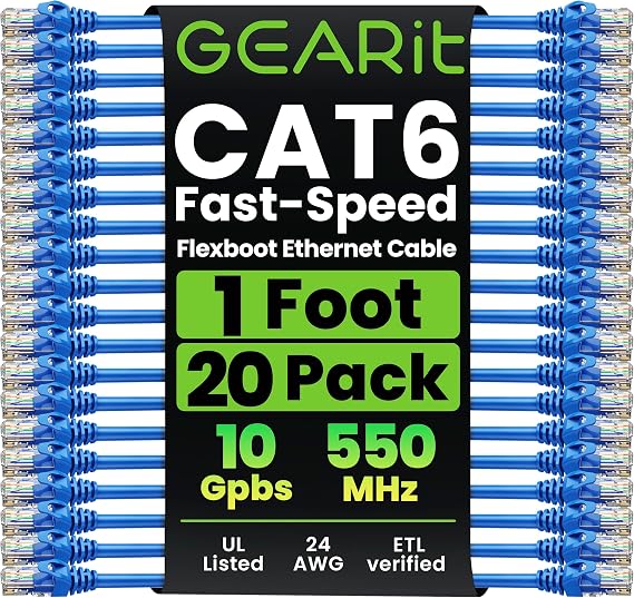 GEARit Cat6 Snagless Ethernet Patch Cable 10Gbps 20-Pack 1 Foot Blue