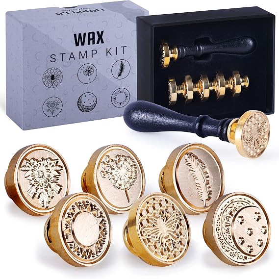 Hoppler Wax Seal Kit Having 6 PCS Wax Seal Stamp Heads, 1 PC Wood Handle Perfect Wax Stamp Seal Kit for Letter Sealing with Different Patterns for Gift Box Sealing