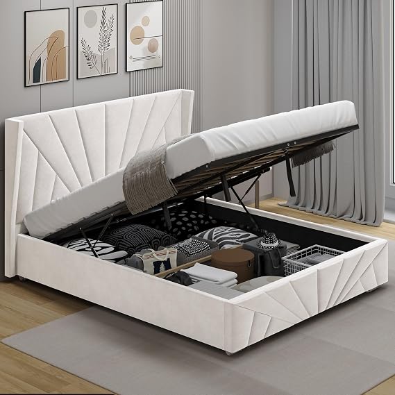 Ottoman Bed Frame Gas Lift Up Bed Upholstered King Size, Wooden Slats Space Saving UKFR Velvet Bed Frame With Storage, 5ft Beige King Size No Mattress