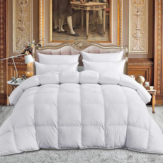 Luxurious All-Season King/California King Goose Down Comforter Duvet Insert, Exquisite Dobby Checkered Design, 300 Thread Count 100% Egyptian Cotton, 65 oz Fill Weight, Baffle Box, White