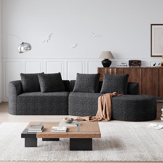 112" Modern Cloud Sectional Sofa, Chenille 4-Seater Curved Couch with 4 Pillows, Extra Deep & Wide Seat, No-Assembly Compressed Upholstered Living Room Sofa for Bedroom,Apartment,Black Left