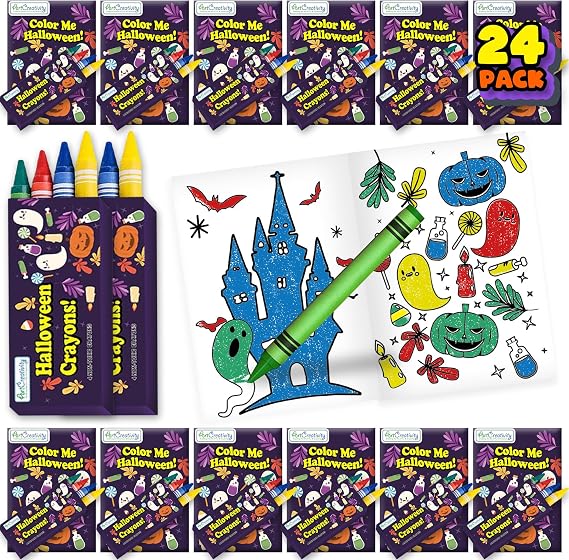 ArtCreativity 24 Pack Halloween Mini Coloring Book Kits for Kids Includes 24 Small Coloring Books and 96 Crayons, Perfect for Halloween Party Favors, Prizes, Trick or Treat Supplies, Non-Candy Gifts