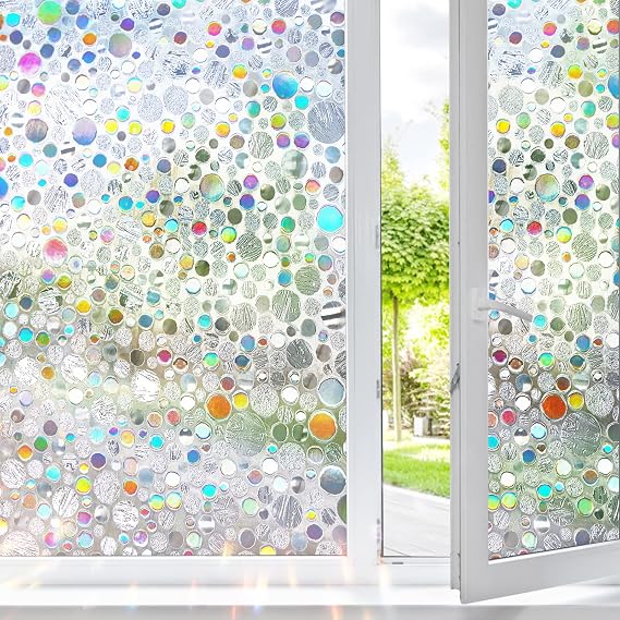 Stained Glass Window Privacy Film,Rainbow Iridescent Bubble 17.5" x 157.5"