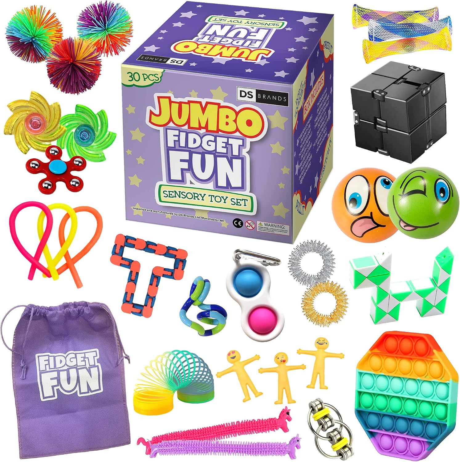 DS Brands Sensory Fidget Toy Set- 30 PC Jumbo Fidget Box with Simple Pop It- Toys for Autism Adhd- Perfect Stocking Filler for Kids, Girls, Boys, Adults Gift Pack