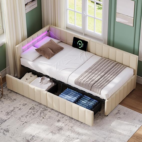 Single Bed Frame with 2 Drawers, 3ft Upholstered Day Bed with LED Headbord and Charging-Station, Velvet Sofa Bed for Living Room/Bedroom/Study Room,