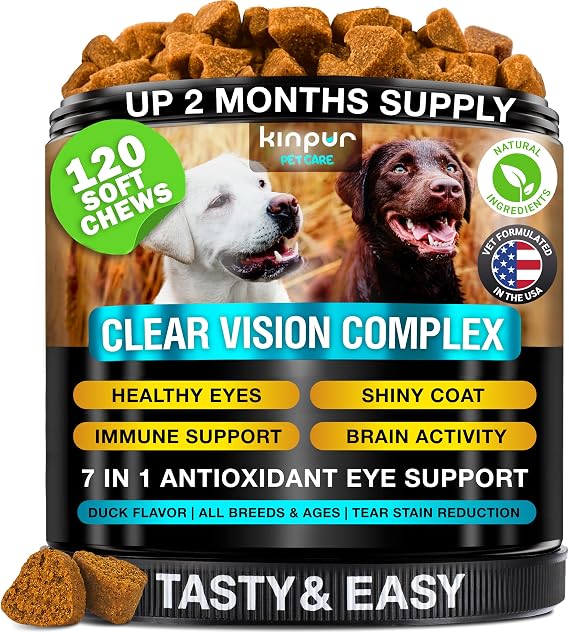 Eye Vitamins for Dogs - Vision Support, Tear Stains, Bright Eyes, 120 Chews | Antioxidant Blend with Lutein, Lycopene, Vitamin C, Fish Oil, Senior Multivitamin, Duck Flavor, Daily Wellness, Healthy Aging