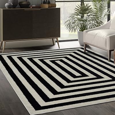 Abani Contemporary Black & Ivory 53 x 76 Area Rug, Contrasting Geometric Modern Stripe Symmetrical Living Room Carpet Rugs