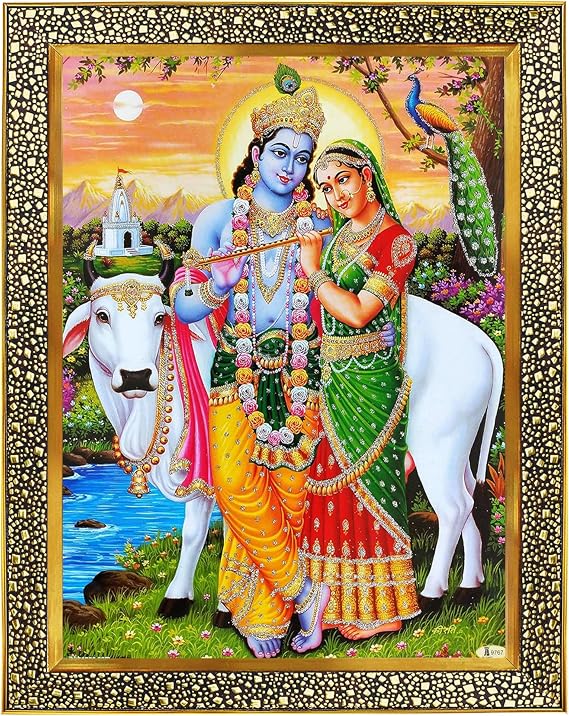 Koshtak Krishna with Radha/Radha Krishna ji/kanha ji with Cow Photo Frames for wall Hanging/Gift/Temple/puja Room/Home Decor with Unbreakable Acrylic Glass for Worship
