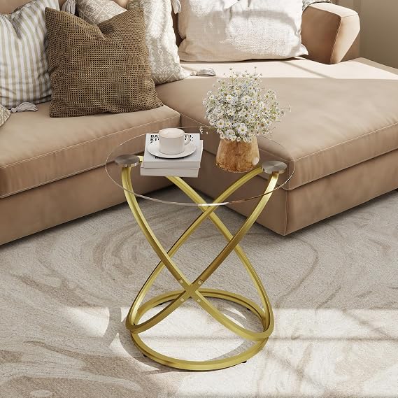 Round Gold Coffee Table, Glass Coffee Table, Small Coffee Table