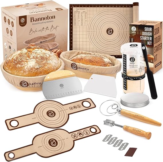 Sourdough Starter Kit with 9" Round & 10" Oval Bannetons, 24 oz Starter Jar, and Sourdough Bread Baking Supplies Complete Sourdough Kit with Lame, Whisk, Scrapers, Slings, Mat, Spatula, Cloth Covers