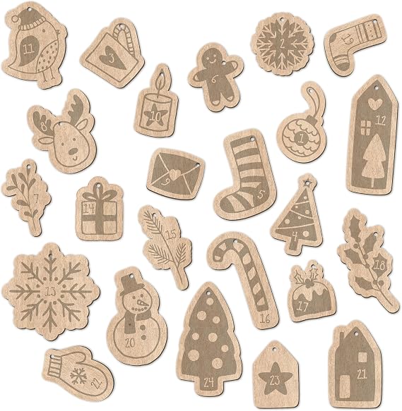 Papierdrachen 24 Advent Calendar Numbers Made of Wood with Cotton Cord - Christmas Motifs - Elegant Decoration for Your Christmas Calendar - for Children and Adults - Set 8