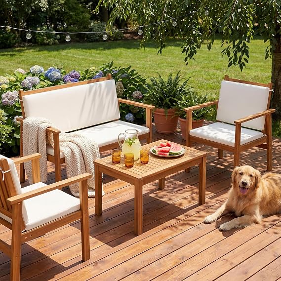 Devoko 4 Piece Patio Furniture Set Acacia Wood Backyard Furniture (Natural)