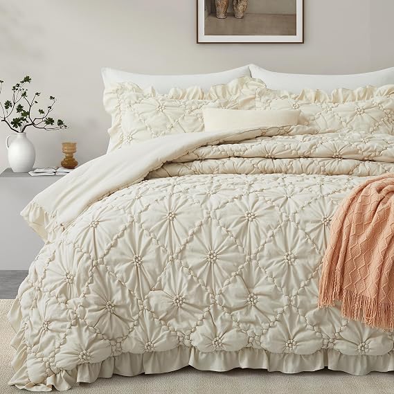 BEDAZZLED Twin Comforter Set, Beige Pinch Pleat Ruffle, 2 Pieces | Soft Microfiber Bedding Set, Pintuck Texture, Farmhouse Shabby Chic Style, Lightweight & Breathable, All Season Comfort