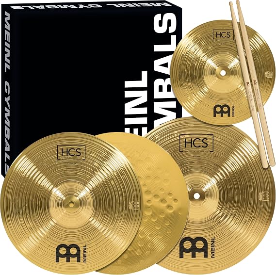 Meinl Cymbals Cymbal Set Box Pack with 13" Hihats, 14" Crash, Plus Free 10" Splash, Sticks, Lessons – HCS Traditional Brass – Made in Germany, (HCS1314